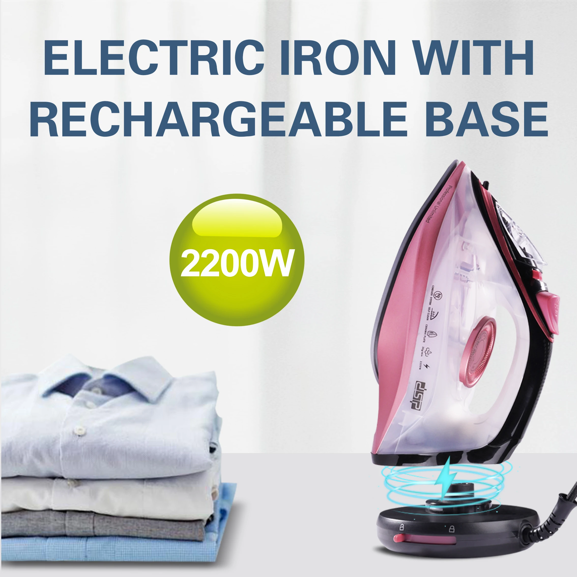 Electric Iron Home Handheld, Ceramic Base Plate with Rechargeable Base, Vertical Steam Self-cleaning, Travel Hotel