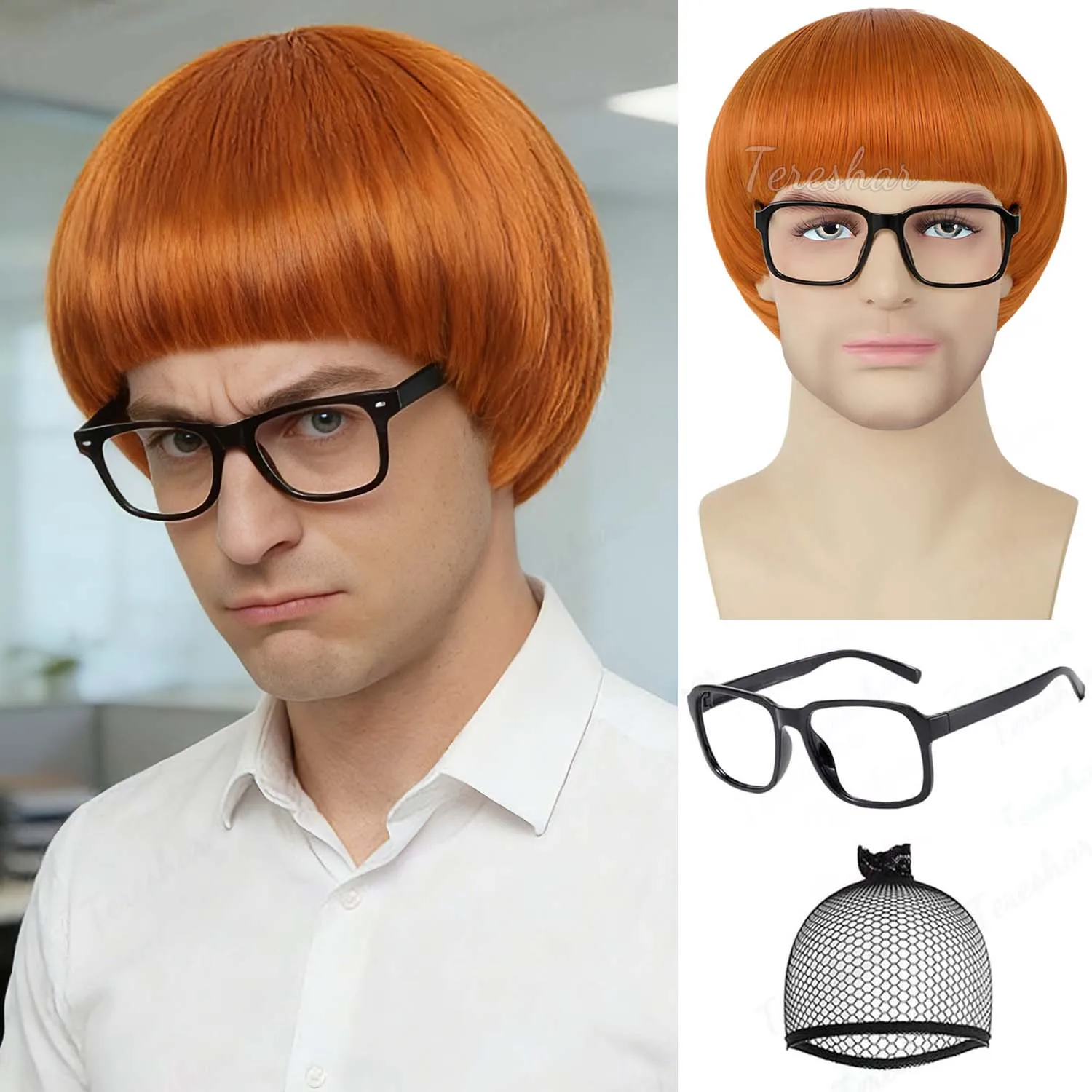 

Synthetic Short Orange Cosplay Wig for Men,60S Colorful Bowl Cut Hair with Glasses,Anime Retro Mushroom Wig for Halloween Party