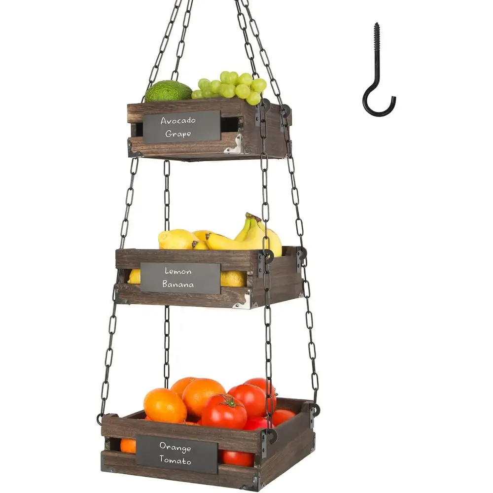 

3-х уровневая подвесная корзина из дерева в деревенском стиле, кухонная корзина, органайзер для хранения овощей, экономия места на столешнице — прочный металлический крючок
