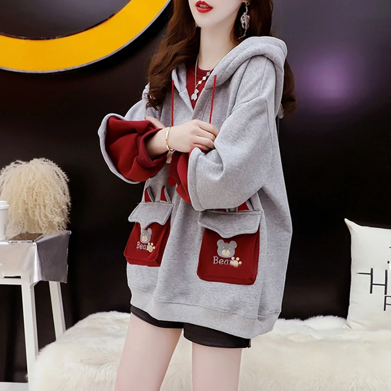 Women\'s Hoodies Thick Autumn Winter Velvet Warm Sweatshirts Korean Girls Oversize Comic Bear Embroidery Hooded Loose Tops