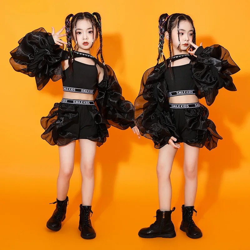 

Kids Hip Hop Dance Clothes Concert Stage Performance Wear Girls Jazz Dance Costume Black Fluffy Sleeves Suit
