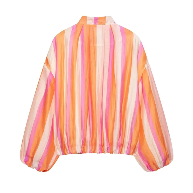 Women's Striped Bomber Jacket New 2026 Spring Autumn Women Simple High-Neck Long Sleeve Coats with Zipper Female Chic Outerwear