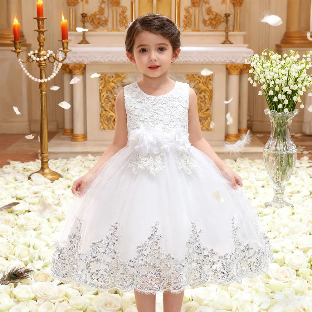 Baby Girl Clothes Lace Wedding Dress White Dress For Girls Sequin Evening Dress Baptismal Costume Children First Communion Gown