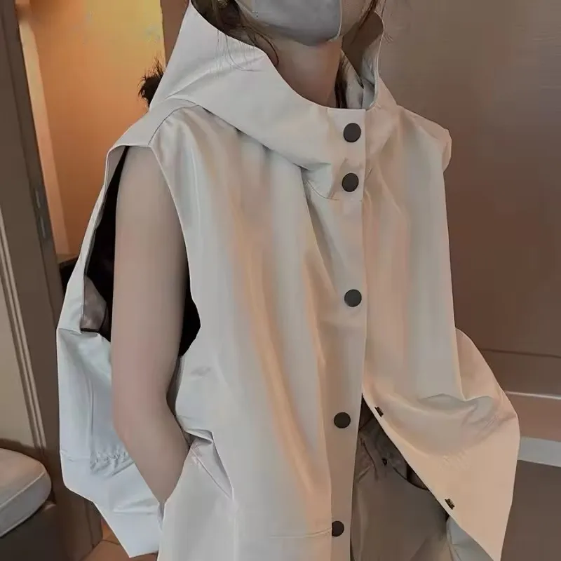 

Women Hooded Vests Coats Single Breasted Loose Casual Tops Spring Autumn Korean Simple All-match Breathable Waistcoat Women