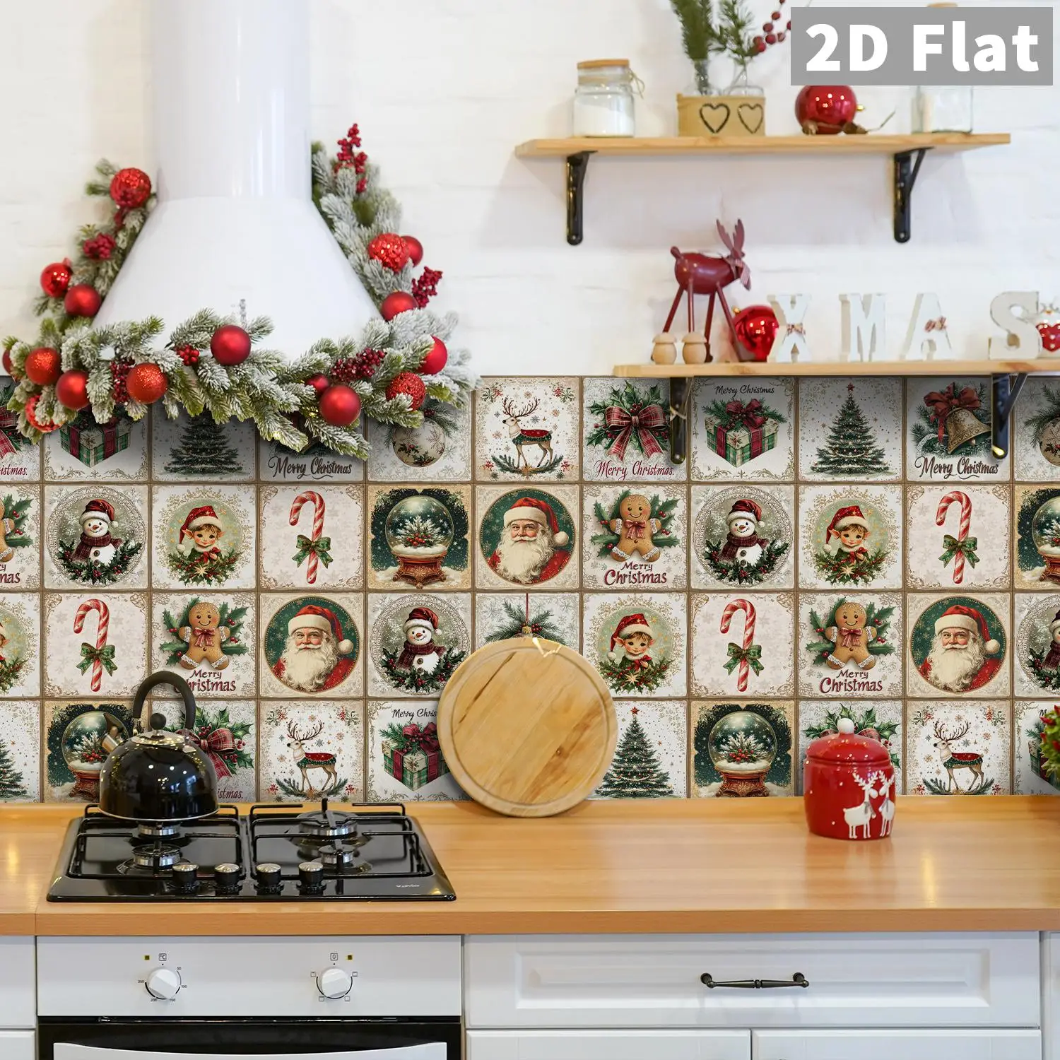 

Vintage Classic Christmas Elements Ceramic Tile Stickers Bathroom Kitchen Living Room Self Adhesive Decorative Stickers
