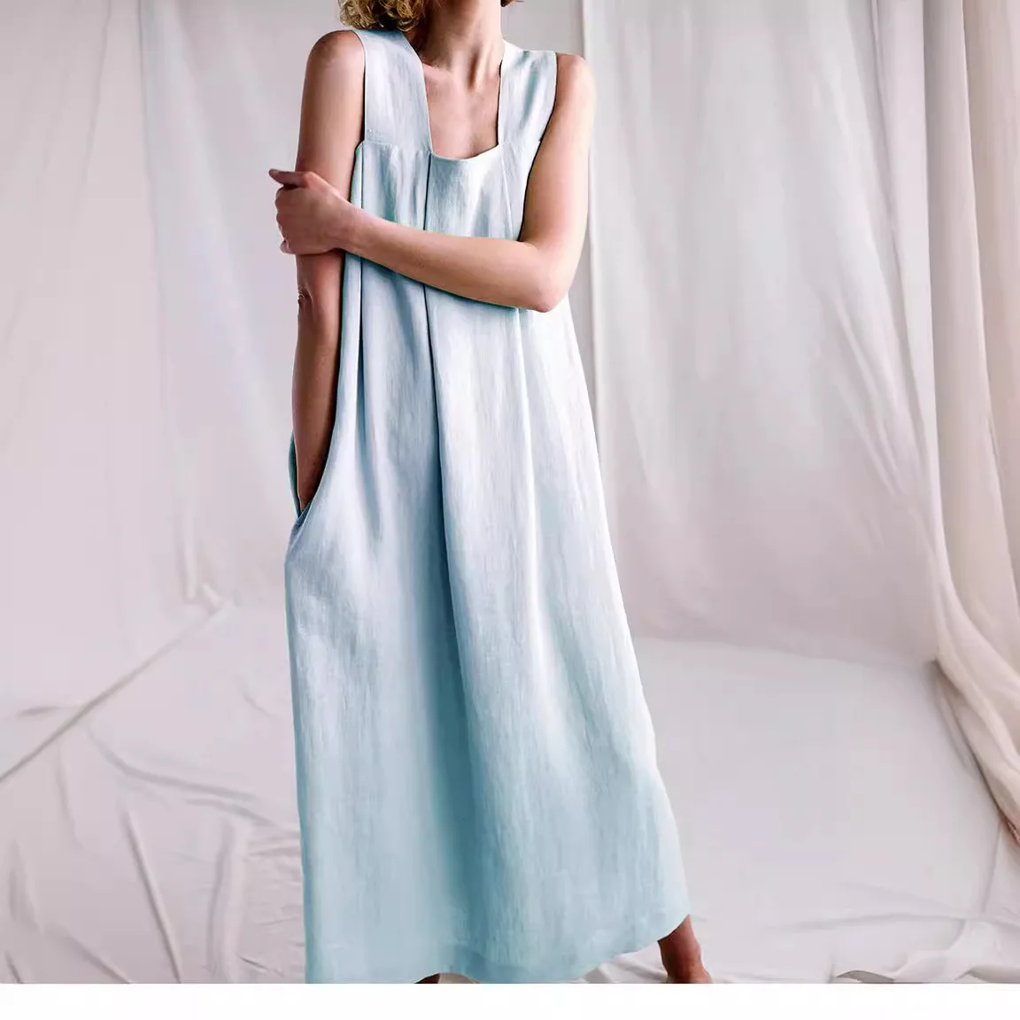 

Long Cotton Lin Dress Spring New Style Vintage Design Loose Cotton Lin Square Collar Strap Long Dress Casual High Waist Tshir...