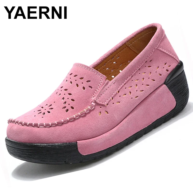 

YAERNI New summer woman casual shoes women cutouts breathable flats shoes suede leather cutout platform flats shoes woman