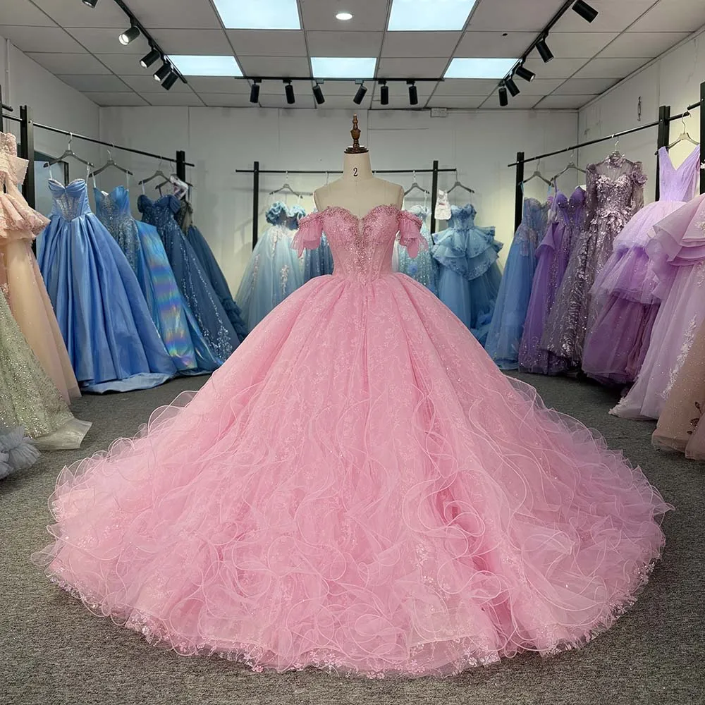 Princess Pink Off Shoulder Ball Gown Ruffled Sleeves Customizded Sequins Organza Quinceanera Dresses vestidos de 15 quinceañera