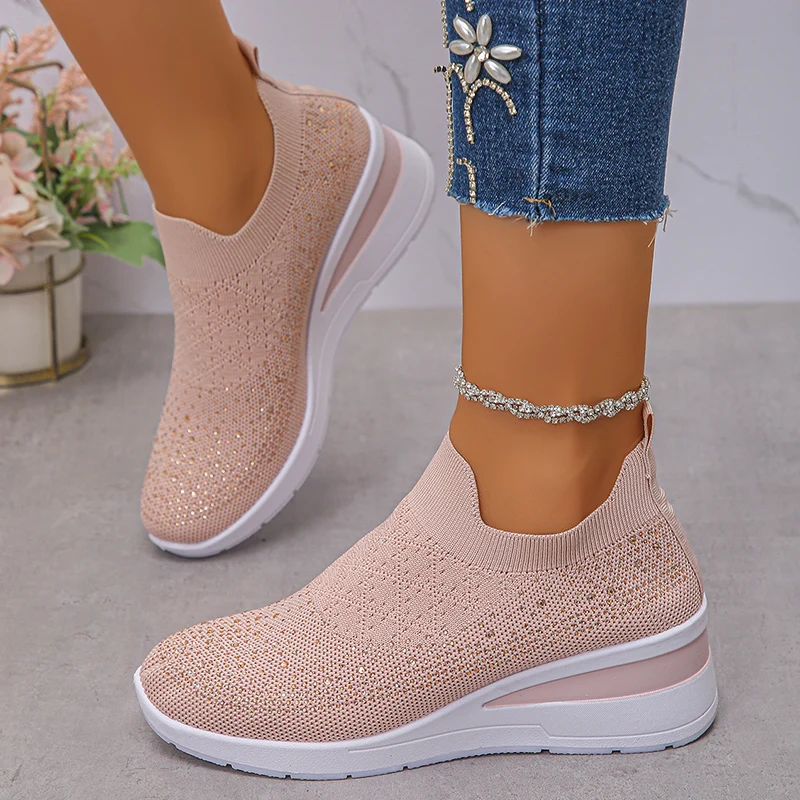 

Crystal Knitted Breathable Mesh Sneakers Women Fashion Thick Sole Wedges Vulcanized Shoes Woman Slip On Casual Shoes Mujer