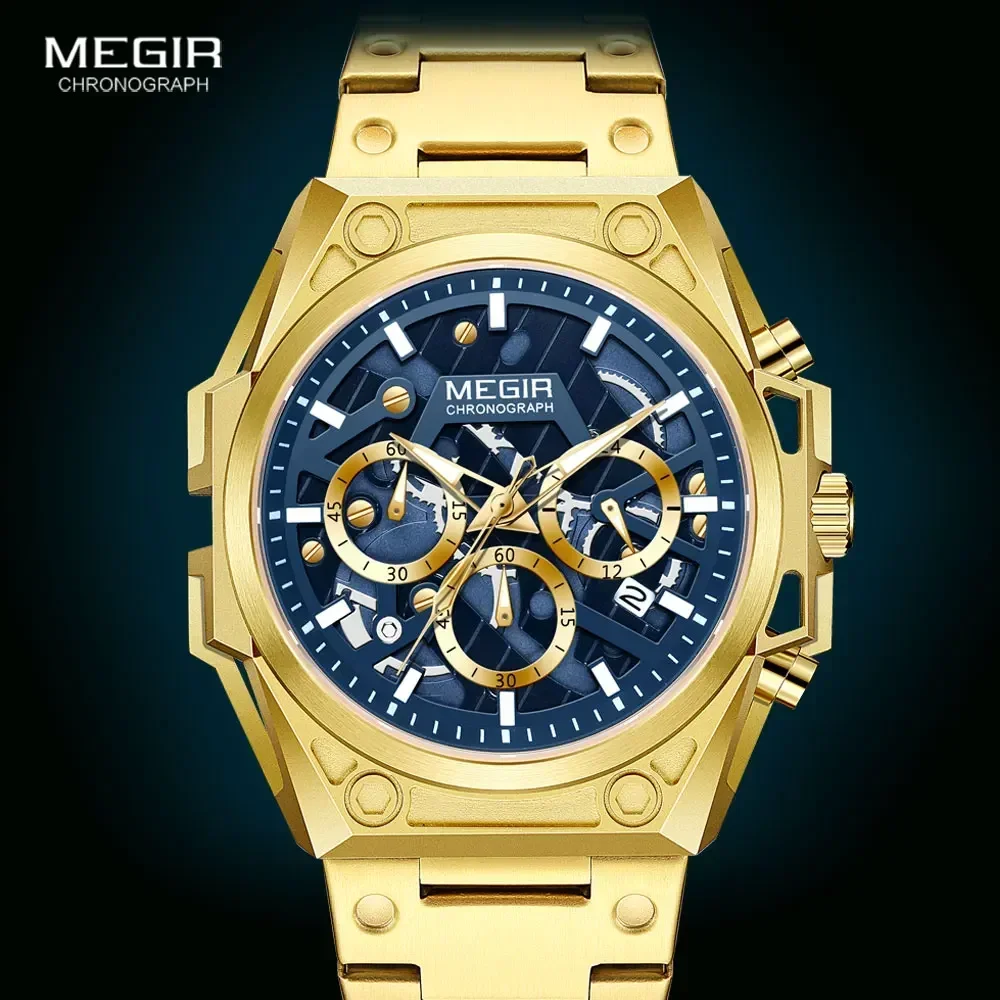 MEGIR Gouden Horloge voor Mannen Rvs Chronograaf Polshorloge Man Luxe Lichtgevende Quartz Horloges relogio masculino часы reloj