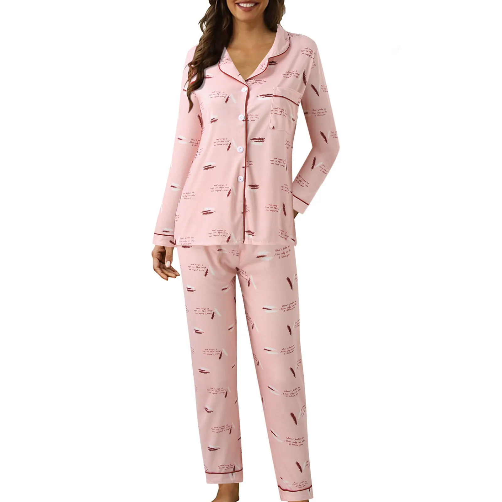 Pyjamas Set Lapel Elastic Waist Pajamas Set Two Piece Lady Dot Print Single-Breasted Blouse Pants Set Home Wear Casual Sets