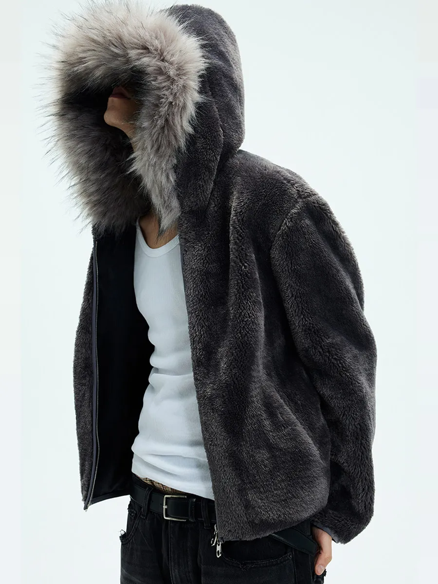 

Men's Winter Sherpa Lined Hooded Jacket Faux Fur Collar Thickened Puffer Zip up Coat Warm Fleece Short Furry Parkas Outerwear
