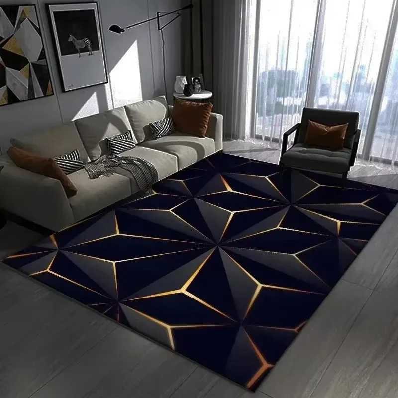 Modern Geometric Neon Line Rug for Living Room Bedroom Flannel Floor Mat with Dark Base 3D Glowing Polygon Printed Pattern