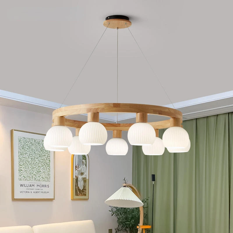 Round Chandelier With 3 6 9 Glass Lampshades For Foyer Modern Wooden Bedroom Lustres Solid Wood Dining Lighting Fixtures