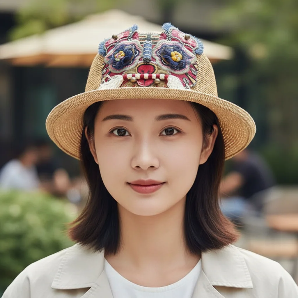 四季対応-レディース-アンティーク風-虎頭刺繍入りサンハット、通気性のある日よけフィッシャーマンハット、芸術的でカジュアルな帽子