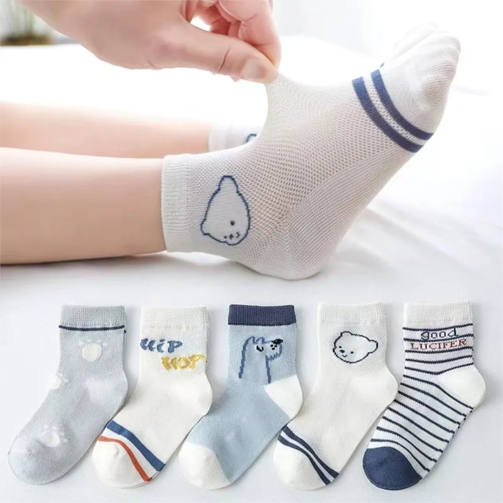 

Boys socks short tube Spring Summer Class cotton children's socks mesh breathable thin baby cartoon bear students sock 5pair/bag