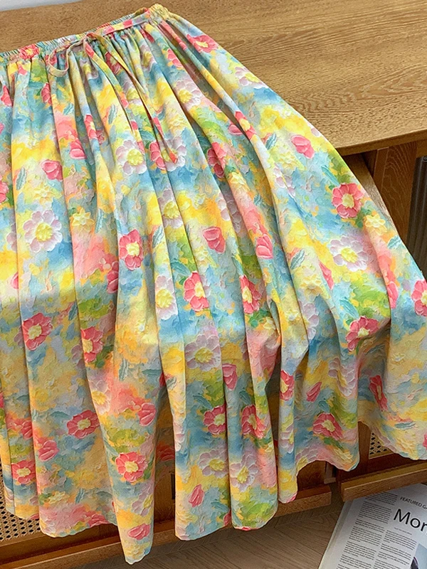 

Хлопковая льняная юбка-миди с цветочным принтом, женская юбка трапециевидной формы с художественной картиной маслом, повседневная летняя тонкая модель для поездок на работу