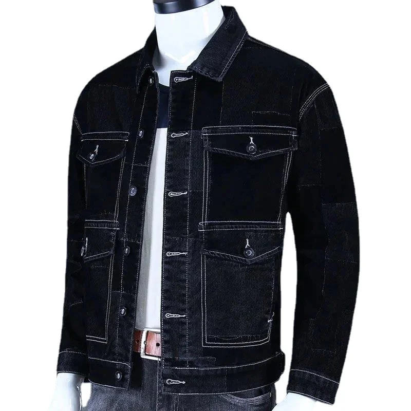 

New Genuine Denim Coat Men's Spring and Autumn Multi Pocket Workwear Jacket with Upscale Collar Function