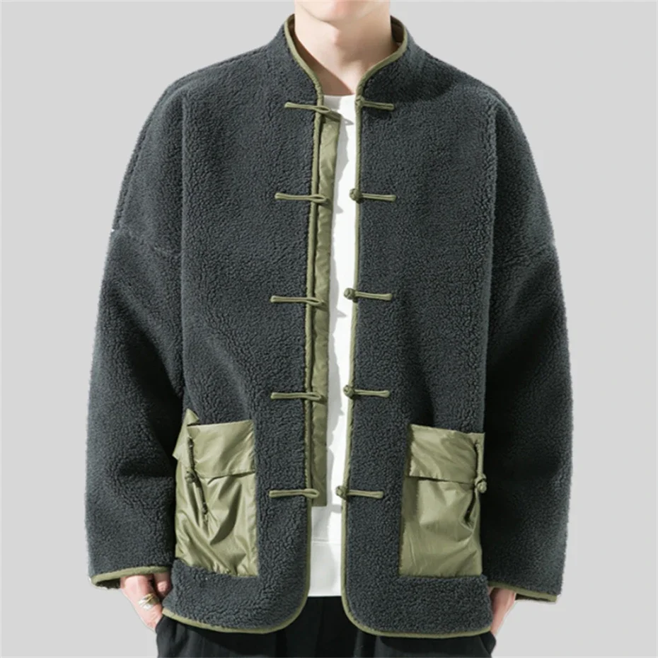 Parkas informales de lana de cordero para hombre, chaqueta gruesa de talla grande, chaqueta cálida de algodón con hebilla de disco, ropa de calle