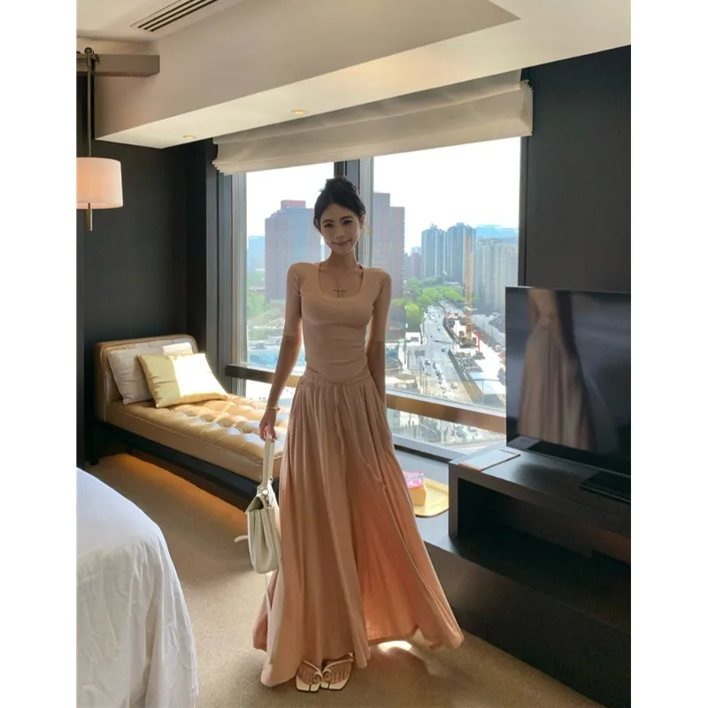 

Korean Sle Casual Knitted Set Women's Summer 2025 Slim Fit High Waist Long Pants Two Piece Suit ort Sve round Ne Top