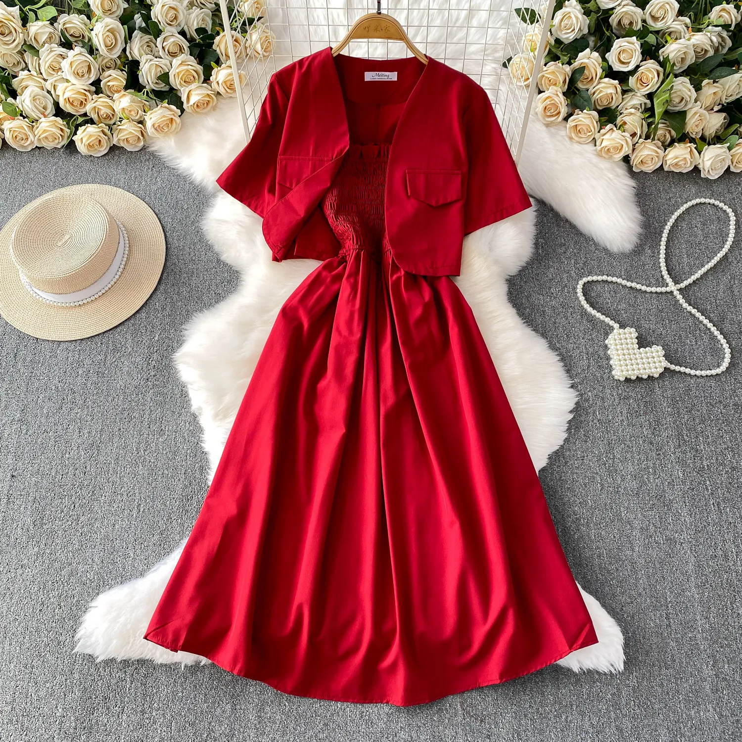 Elegant Black 2 Piece Dress Set Women Cropped Jacket and Smocked Waist Midi Dress Suits Summer Casual Office Lady Outfits