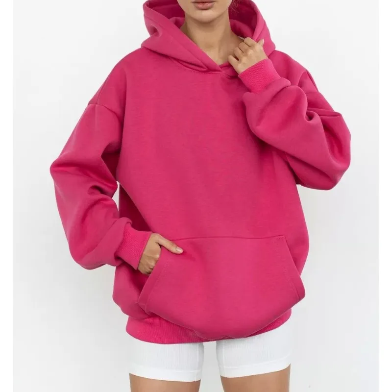 Women Casual Loose Hoodies Autumn Solid Long Sleeve Solid Hooded Sweatshirt Harajuku Simple Tops Pullover 2025 Streetwear Winter