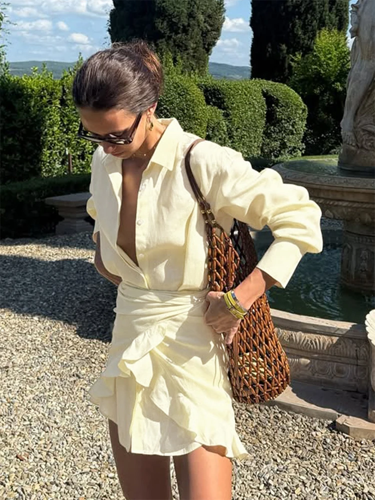 2026 Women Casual Solid Lace Up Shirt Dress Summer Lapel Long Sleeve Button Pleated Mini Dresses Beach Cover Up Vacation Outfits