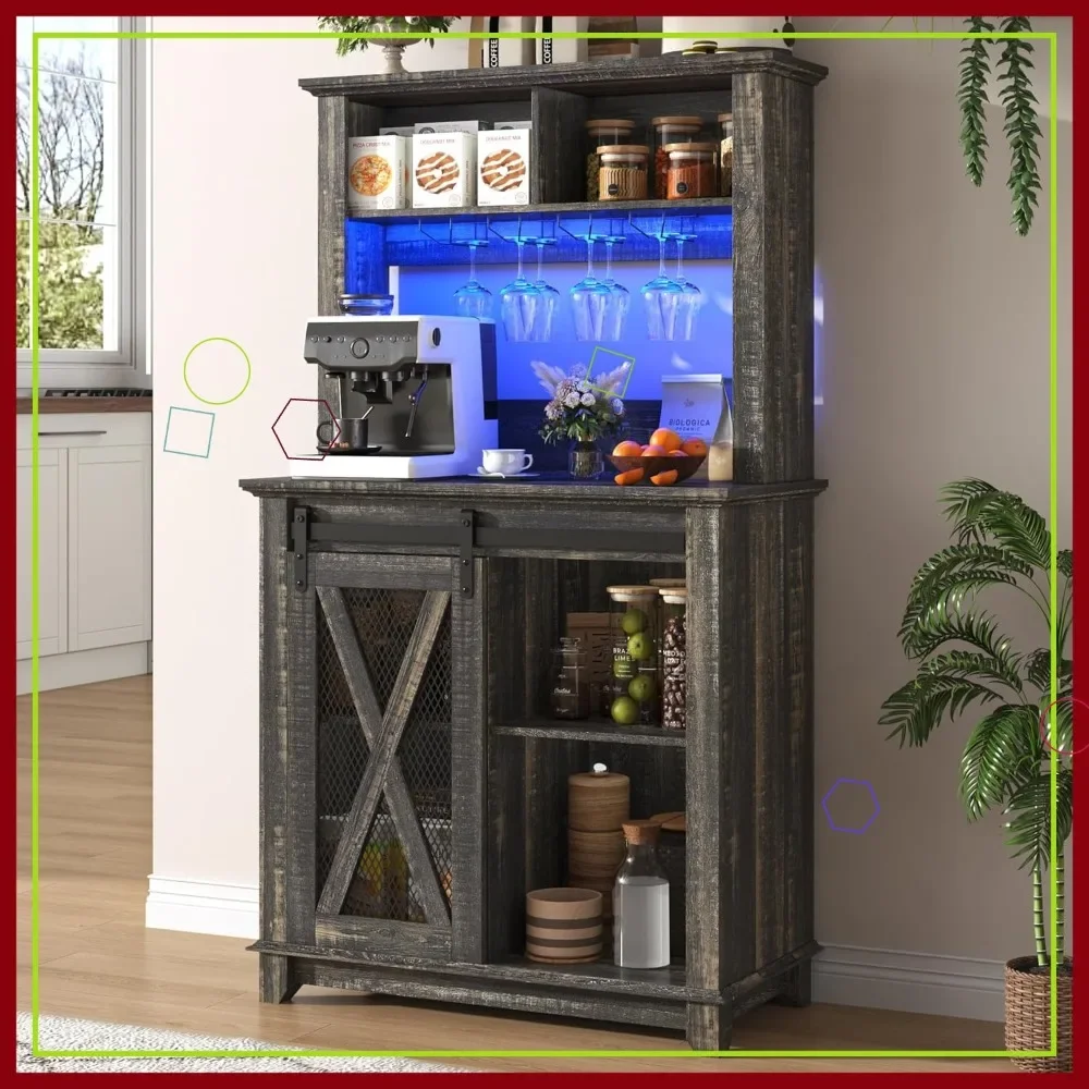 

Кухонный шкаф-бар в стиле фермерского дома 31,5 дюйма с LED-подсветкой, раздвижной дверью-амбаром, винной полкой и местом для хранения для кухни и столовой