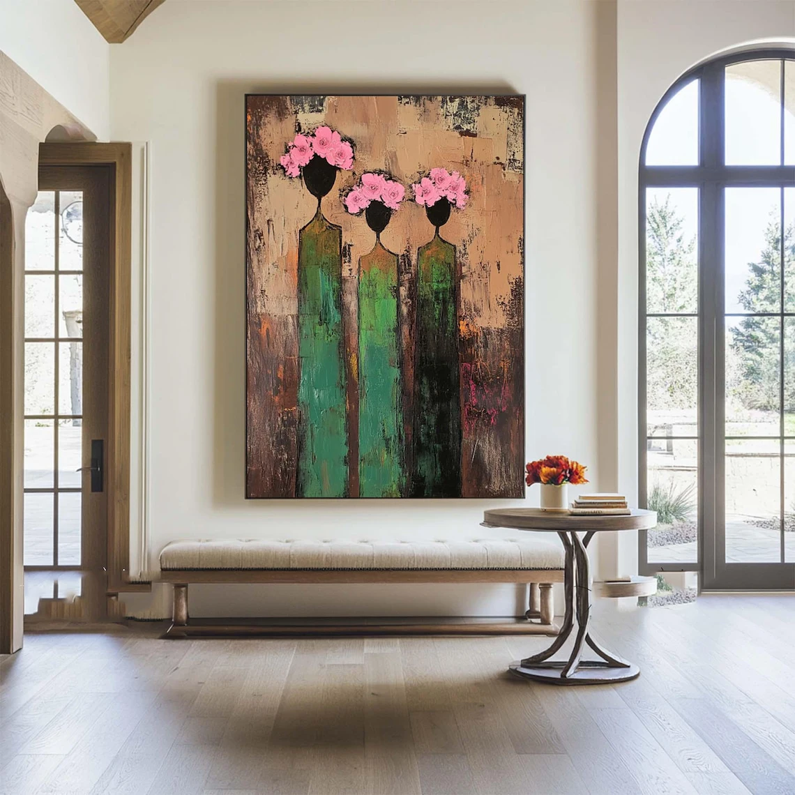 

Abstract Woman Figure Hand Painted Canvas Painting Vintage Girls Figurative Canvas Art Brown & Green Texture Painting Wall Art