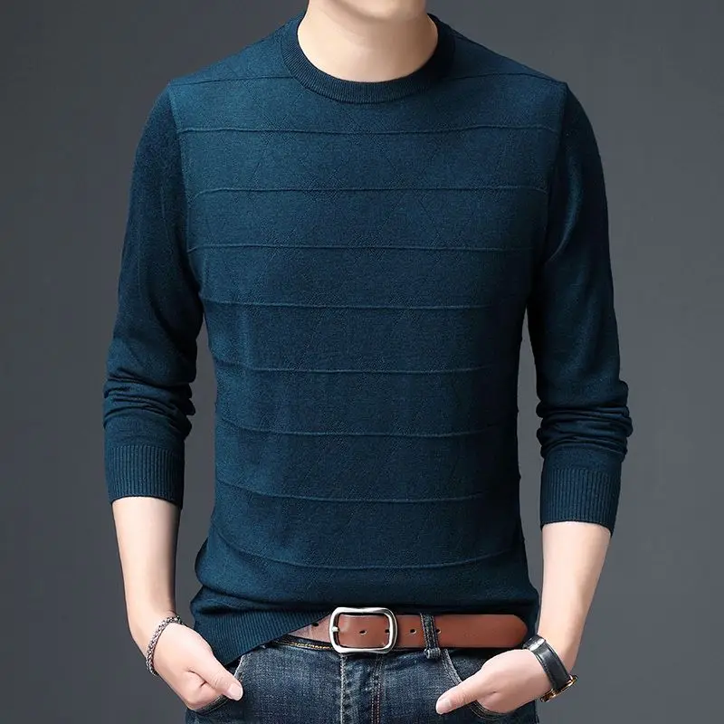 

Basic Solid Color Knitted Pullovers Men's Clothing Vintage O-Neck Spring Autumn Casual Fashion Jacquard Weave Spliced Sweaters