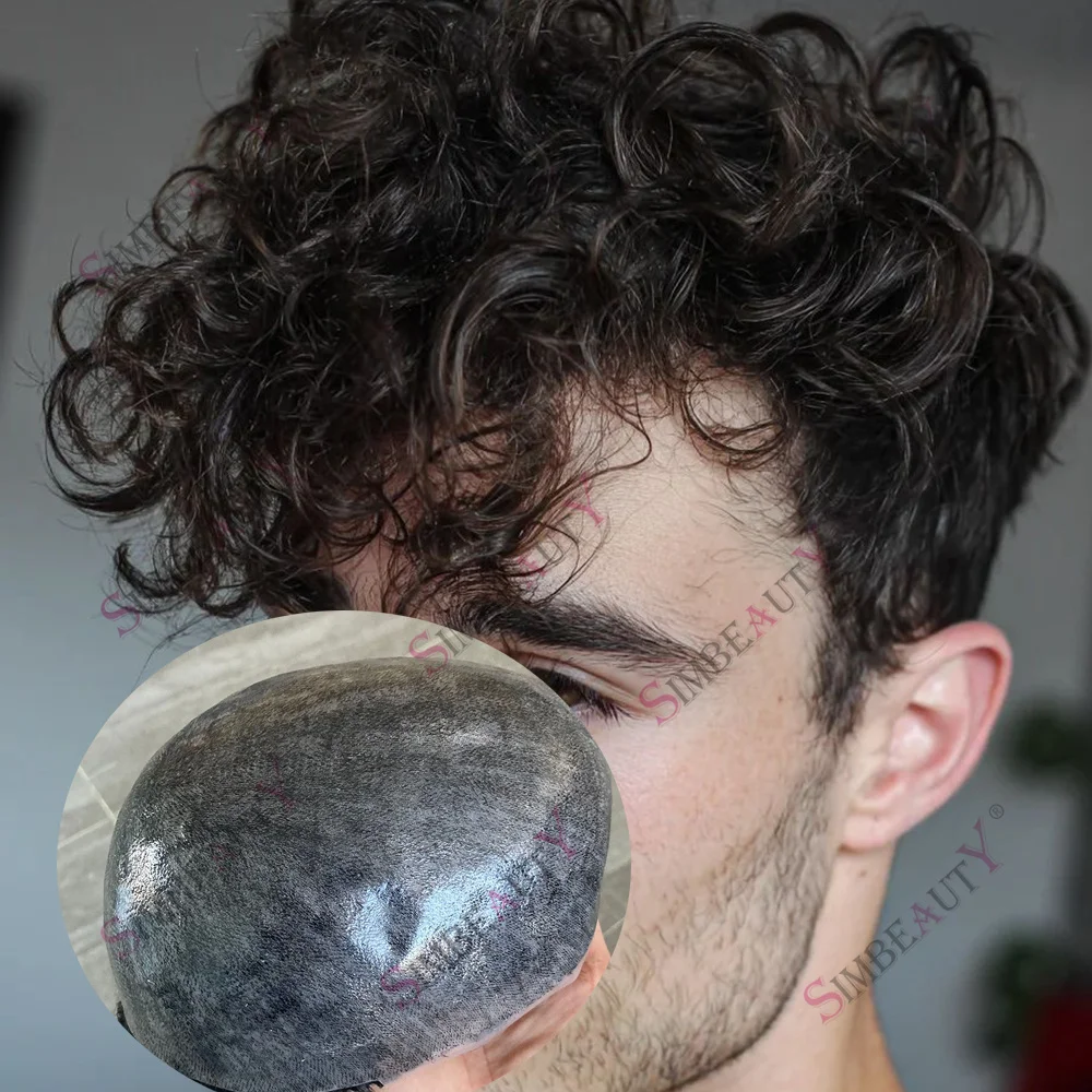 

Мужской прочный парик из натуральных волос с естественной линией роста, 24 мм, кудрявый, на кожаной основе, черно-коричневый, протез для восстановления волос при их выпадении