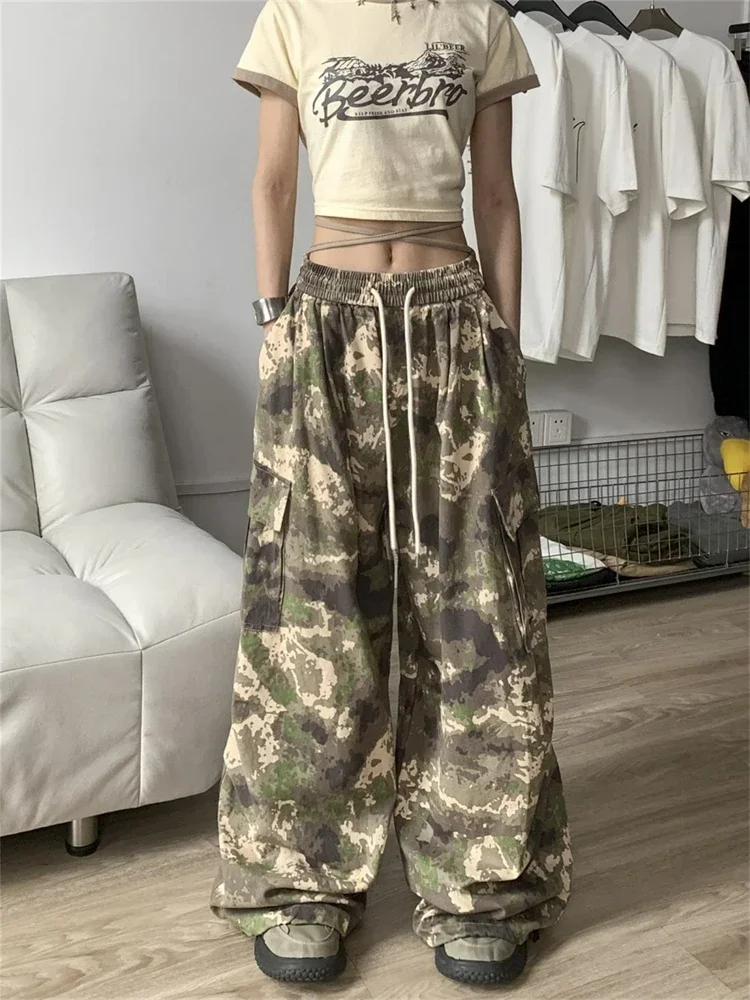 

Women's Camouflage Large Pocket Drawstring Joggers Thin Pants Girl Street Fashion Streetwear Female High Waist Wide-leg Trousers