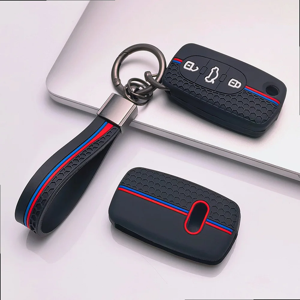 Key Case Cover for Audi A1 A3 A4 A6 Q3 Q7 8P B7 C6 with Keychain Anti-Scratch Shockproof Soft Grip Button Friendly Easy Install