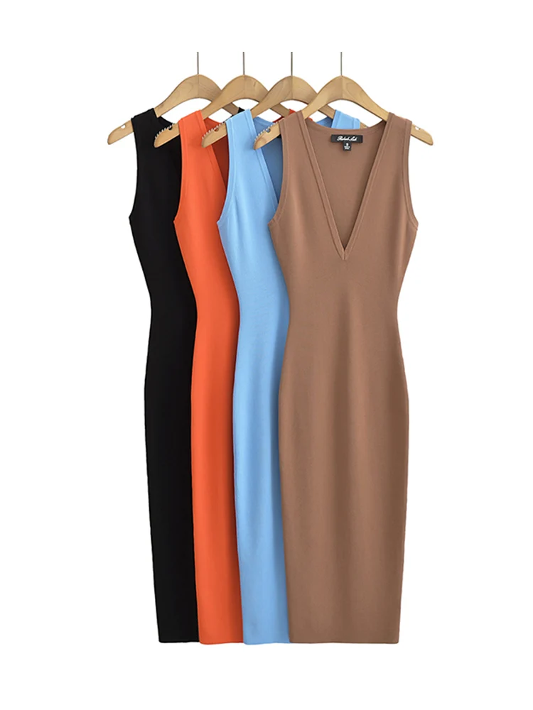 Summer Casual V-neck Sleeveless Midi Dress Women 4 Colors Knitted Slim Elastic Dresses robes