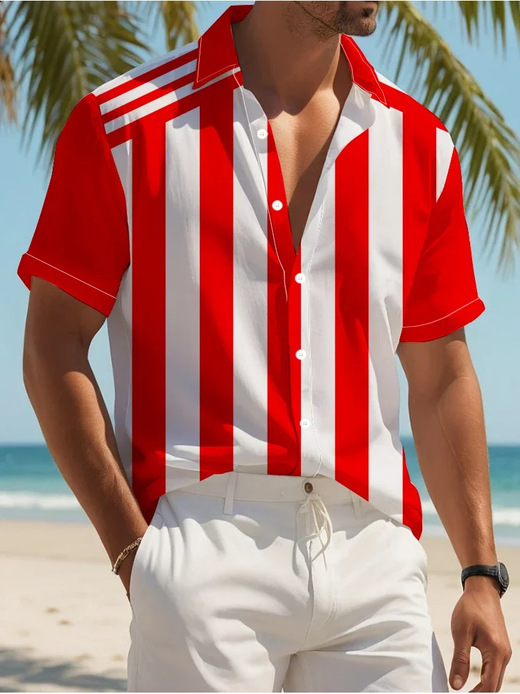 Classic Red Striped 3d Digital Printing Shirt Fashion Loose Cool Summer Short Sleeve Shirt Daily Home Leisure Soft Men's Shirt