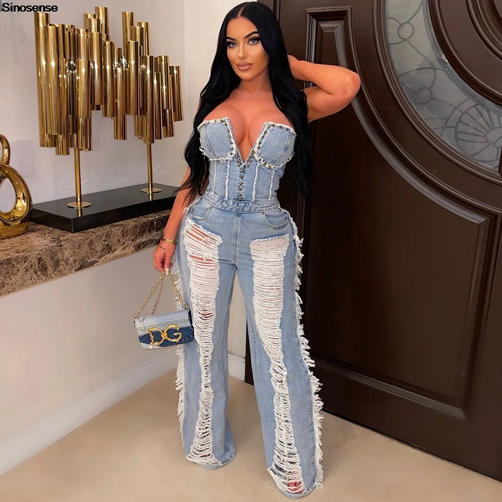 

Womens Strapless Denim Jumpsuit Sexy V Neck Backless Ripped Washed Tassel Jeans Rompers Summer Y2K Streetwear Night Club Outfits
