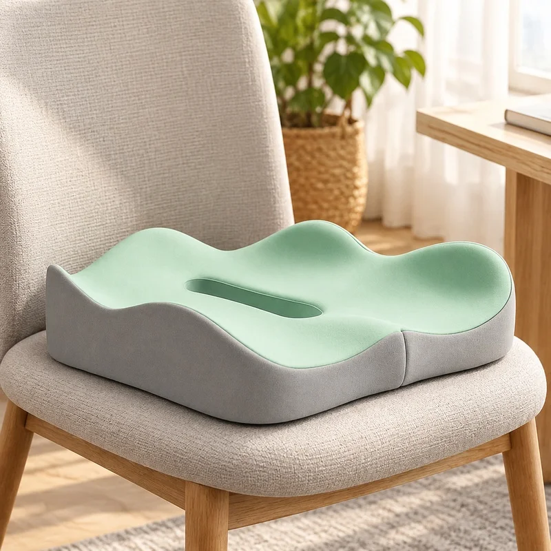 Comfortable 3D Memory Foam Cushion with Removable Polyester Case, Ideal for Office and Vehicle Seats, Light Green/Grey