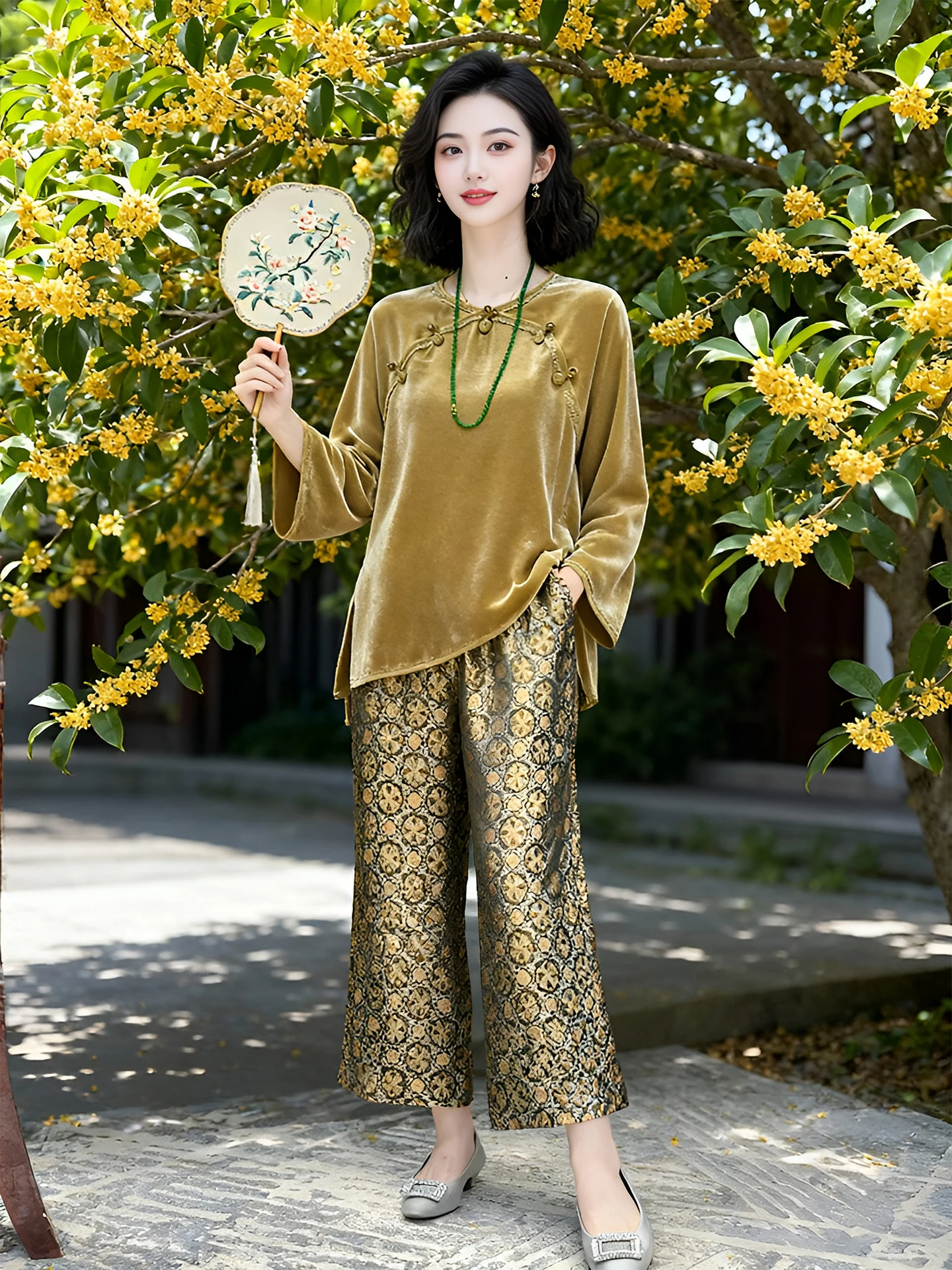 

New 2026 Chinese Style Shirt And Wide Leg Pants Two Piece Set Fashionable Elegant Casual Wear for Women in Their 30s And 40s