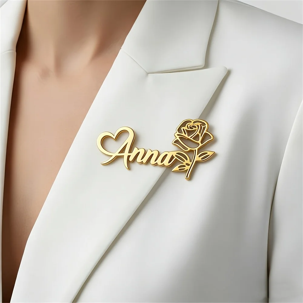 Custom Stainless Steel Heart Letter Name Romantic Rose Brooch Personalized Stainless Steel Bride Groom Wedding Jewelry Gift