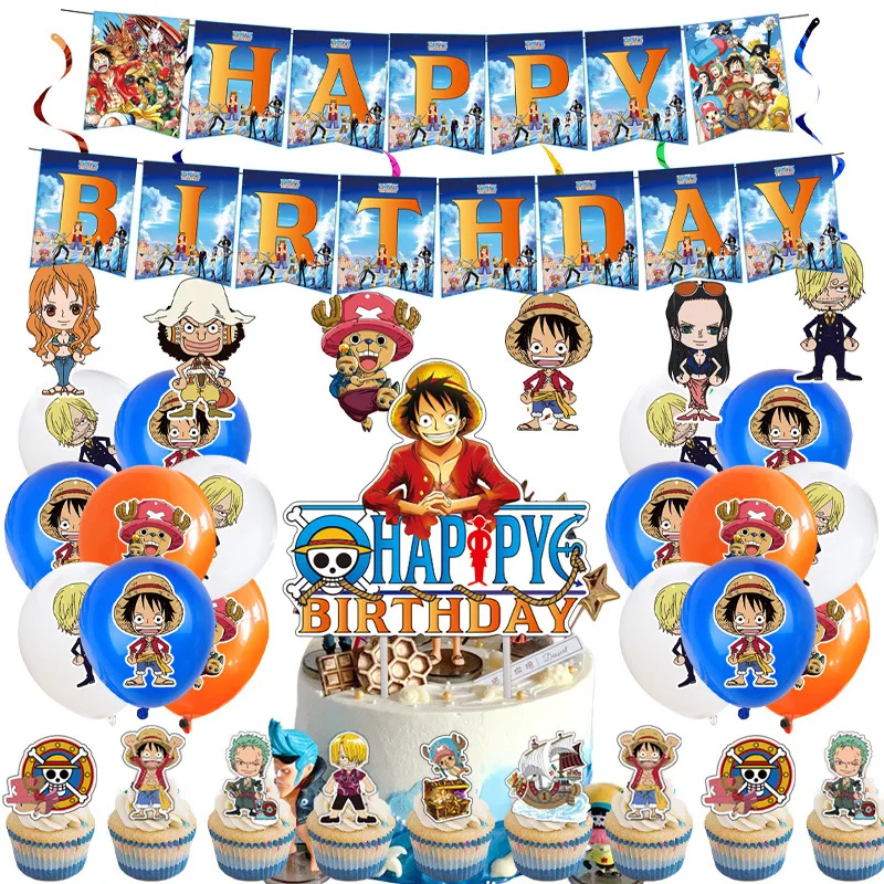 One Piece Anime Birthday Celebration Balloons Banner Cake Toppers Themed Party Supplies Photo Props Gifts