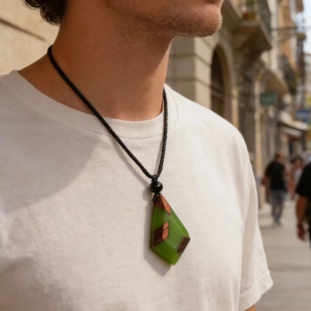 Colgante de collar de joyería hecho a mano vintage de madera maciza de resina verde oliva para hombre y mujer, regalo ABB035