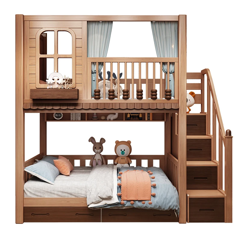 

Duplex second floor tree house bunk bed Solid wood, all solid wood adult high and low Elevated bed