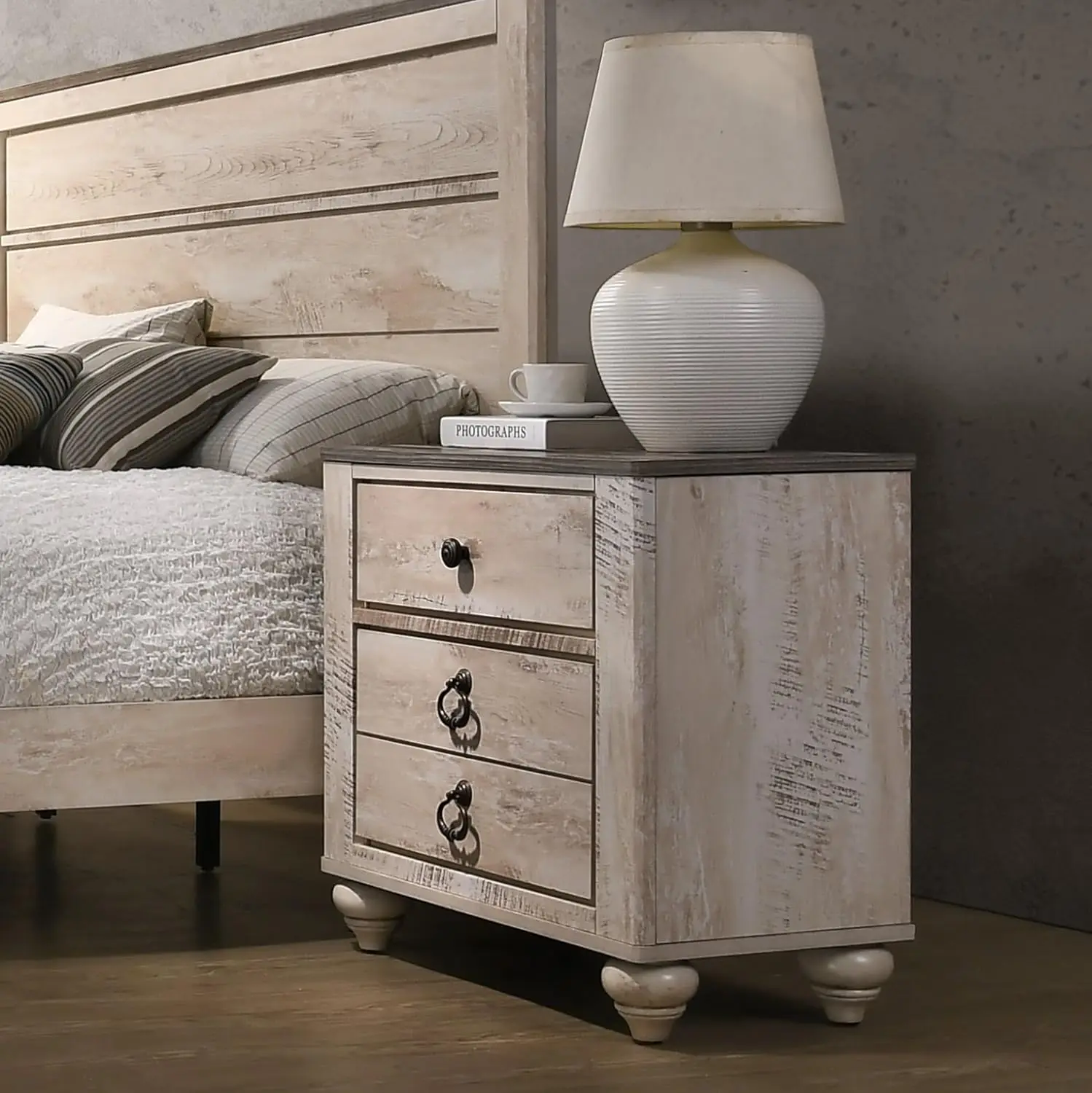 Imerland Contemporary 3 Drawer Patched Wood Top Nightstand, 29.8