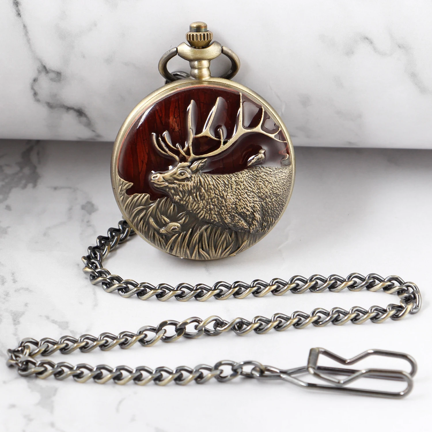 2023 New Ancient Red Deer Carved Pocket Watch Retro Women's Necklace Quartz Clock Chain Men's Gift