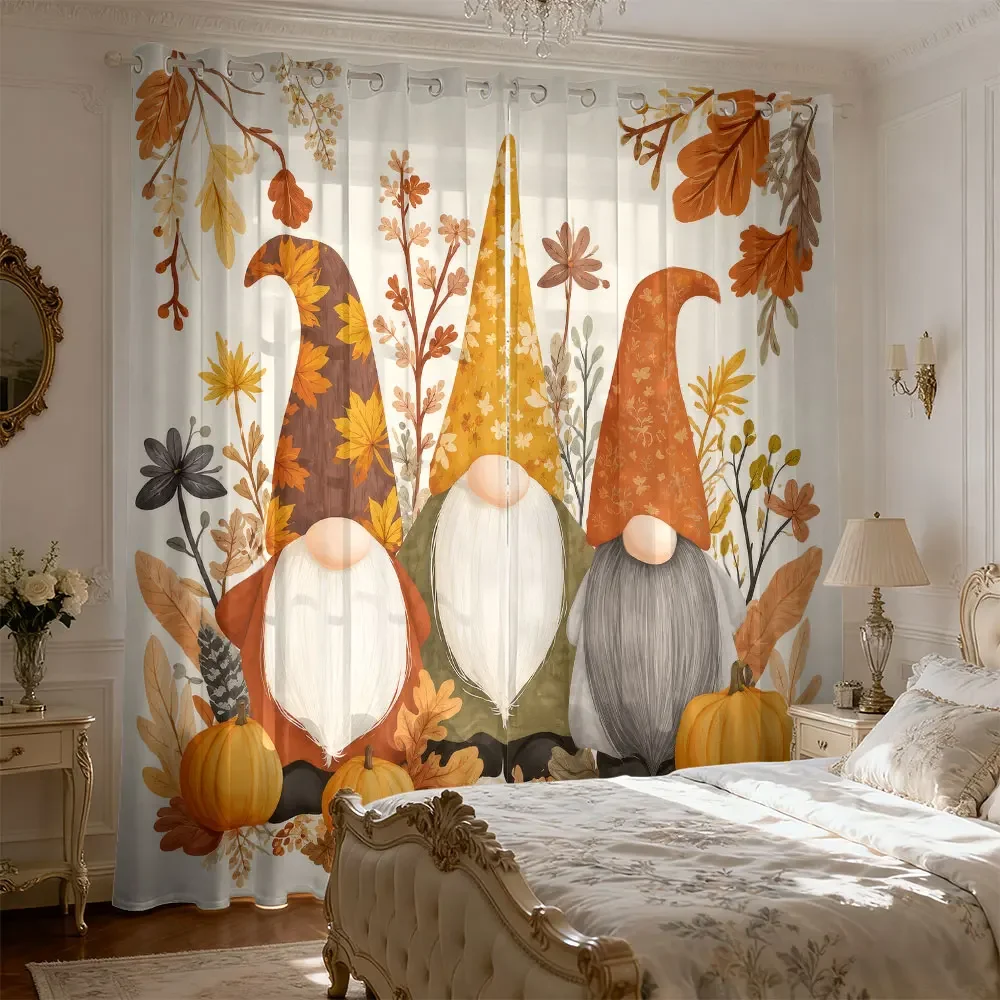 2pcs autumn pumpkin gnome floral and grass decorative curtain for living rooms and bedrooms