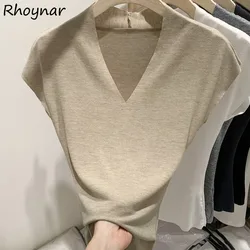 V-neck Short Sleeve T-shirts Women Summer Spicy Girls College All-match Simple Leisure Slimming High Street Korean Fashion Chic