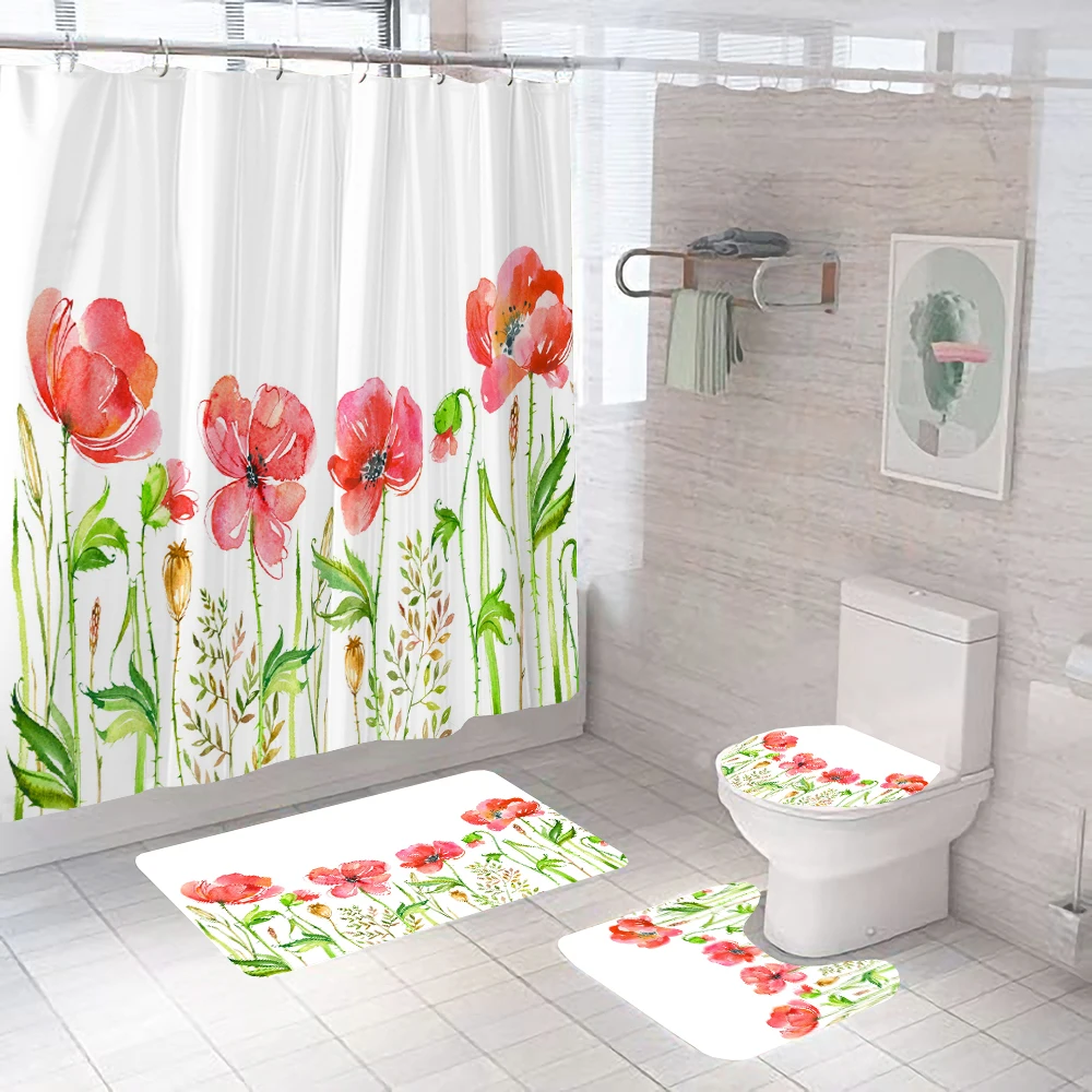 Einfache Art Blumen und Pflanzen 3d Dusch vorhang Bad Vorhänge Sockel Teppich Toiletten deckel Deckel rutsch feste Teppich Bade matte Set