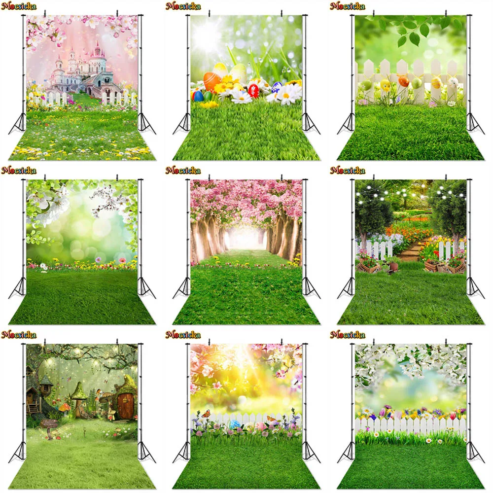 

Spring Scenery Backdrop Easter Fairy Tale Forest Newborn Child Floral Mushrooms Grassland Flowers Photo Background Studio Props