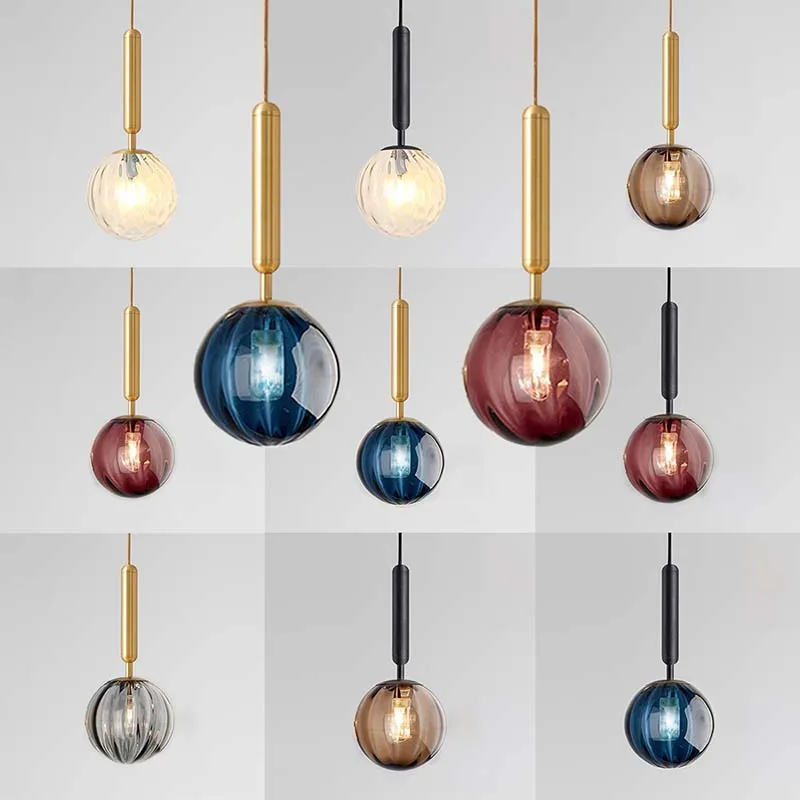 Nordic LED Glass Pendant Light Jewel Blue Ball Hanging Light Wine Red Living Room Decor Fxiture Bedroom Amber Indoor Lamp Lustre