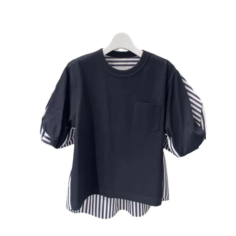 Niche 2024 new two-color striped round neck splicing bubble sleeve T-shirt top woman